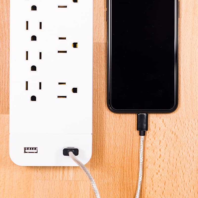 Power Strip Sur Protector with USB Charr 7 Outlets 2 USB Ports Fast Char Flat Plug Extra Long Power Cord 15 Feet Wall Mount Warranty White 36362