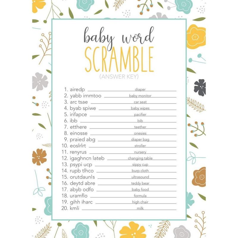5-Set Baby Shower Game Cards, Party Activity Supplies Including Bingo, Word Scramble, Prediction and Well Wishes, Floral Design, 50 Guests