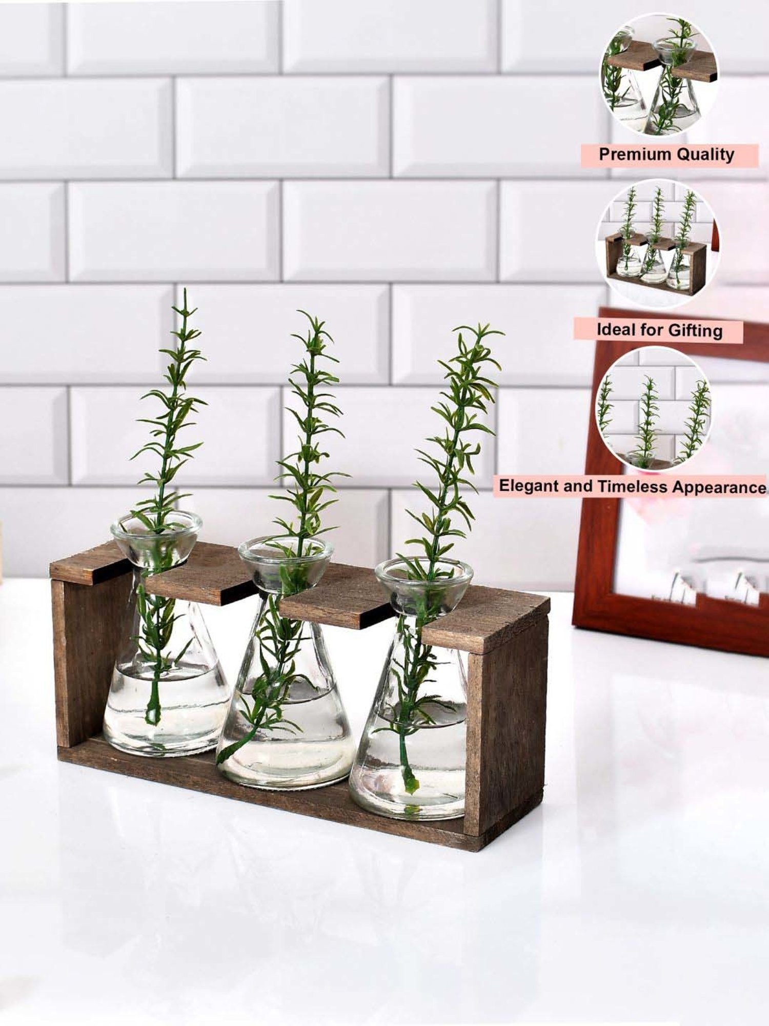 Tayhaa Transparent & Brown Glass Wooden Oraganised Vase Holder - Set of 3