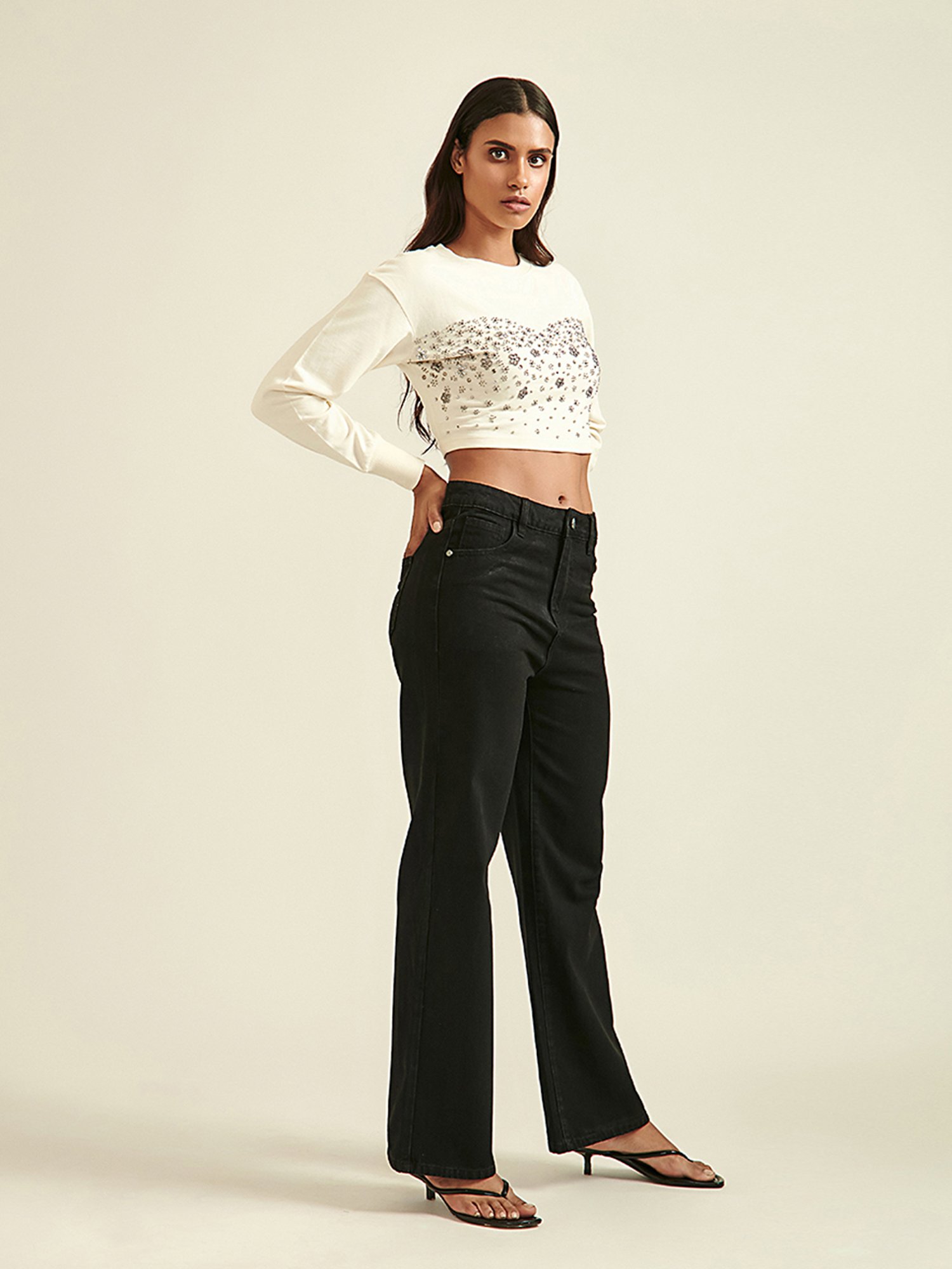 Cover Story Light Beige Embellished Crop Top