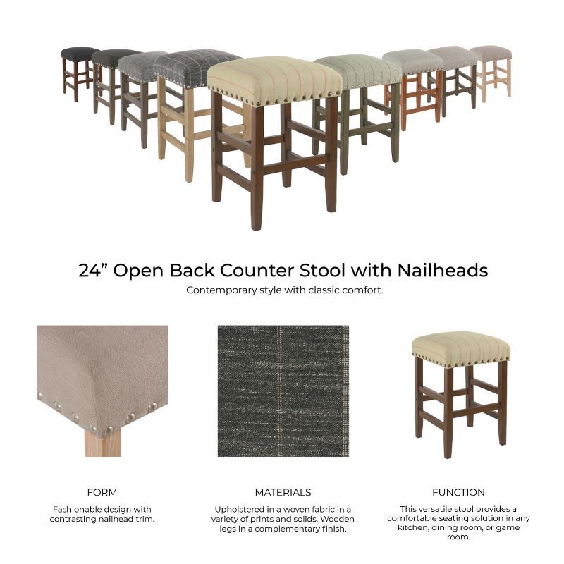 24" Backless Counter Height Barstool with Nailheads Cream with Red Stripe - HomePop