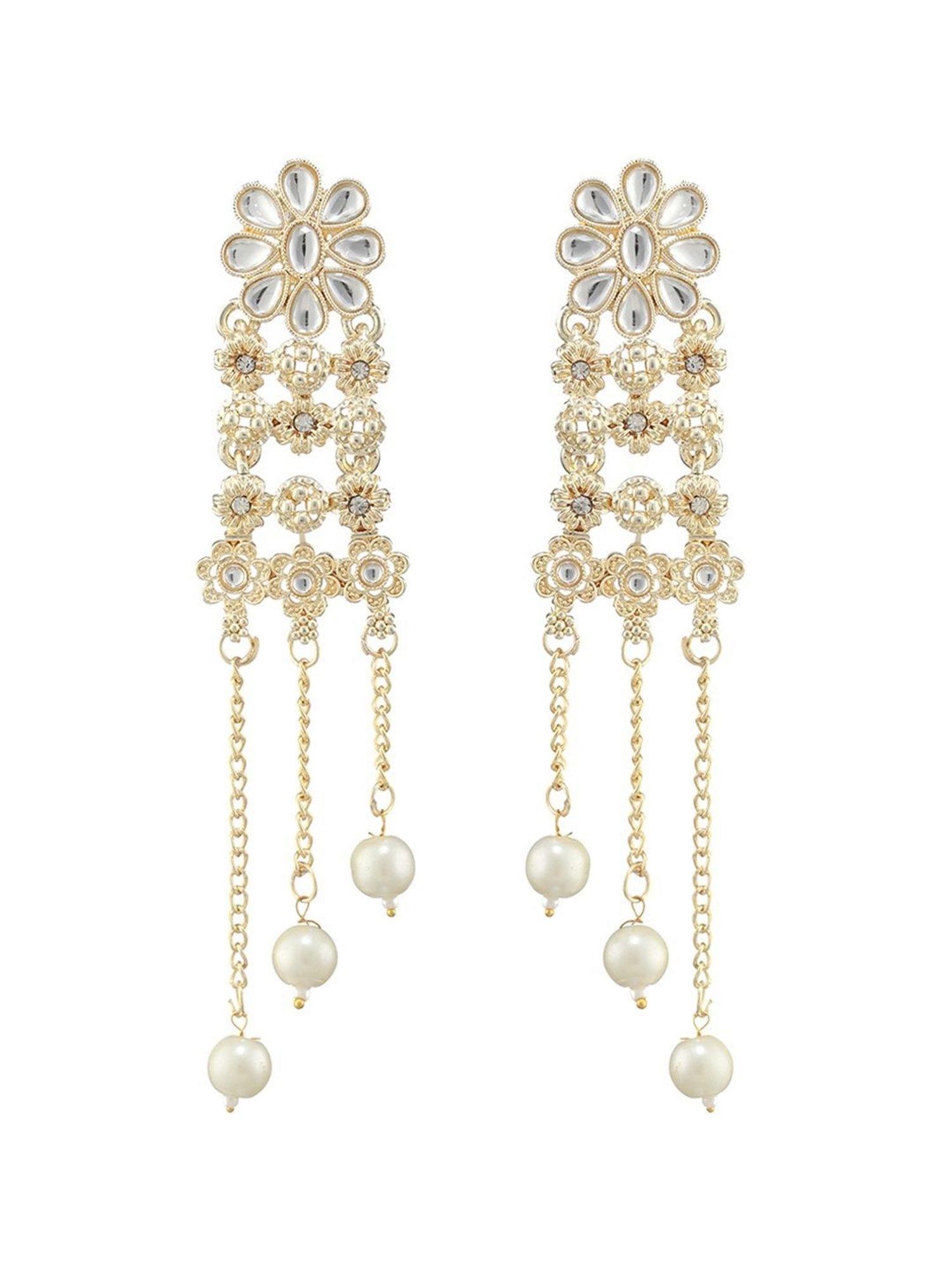 Priyaasi Studded Flower Pearl White Dangler Earrings