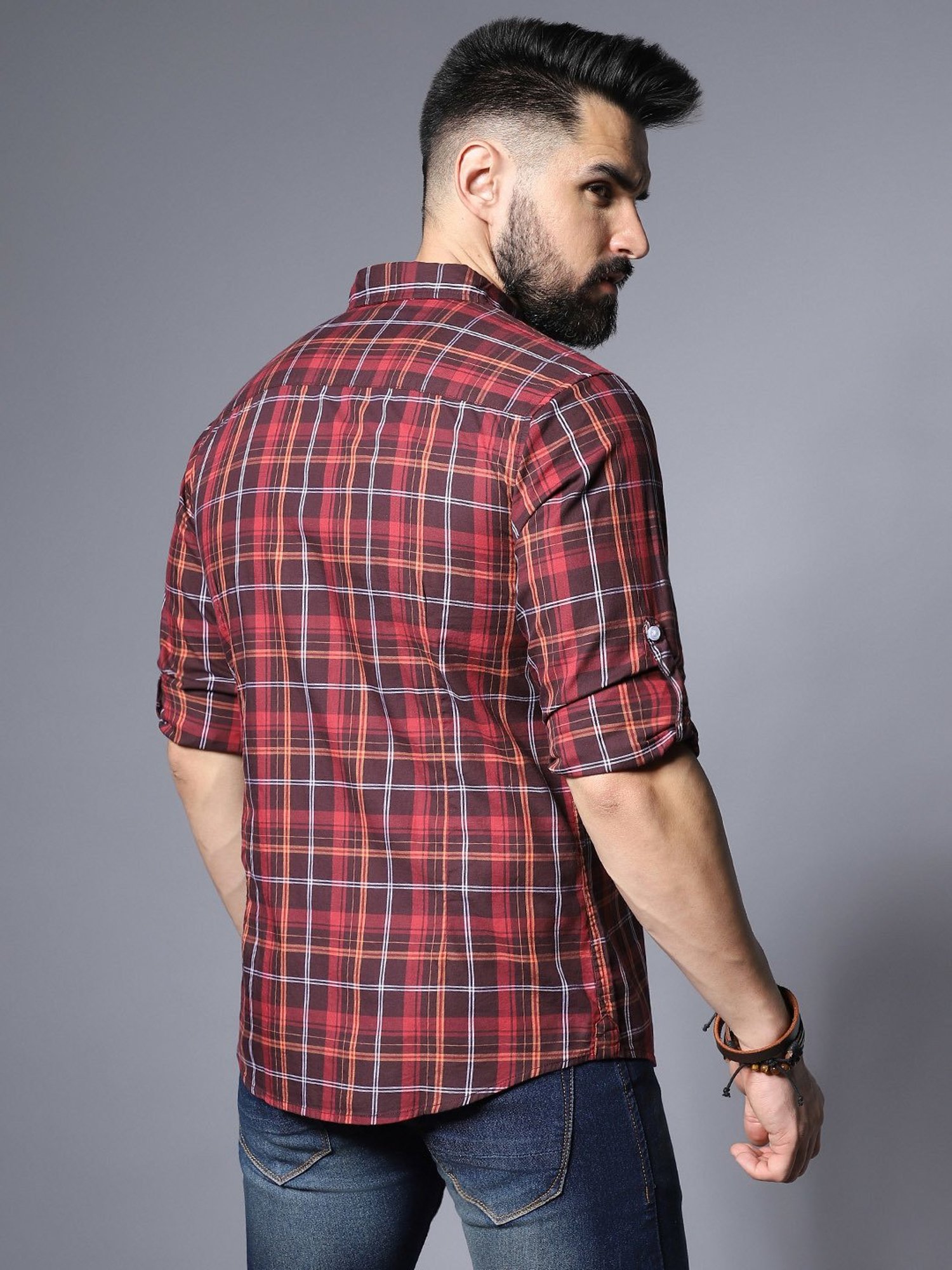 High Star Maroon Relaxed Fit Checks Shirt