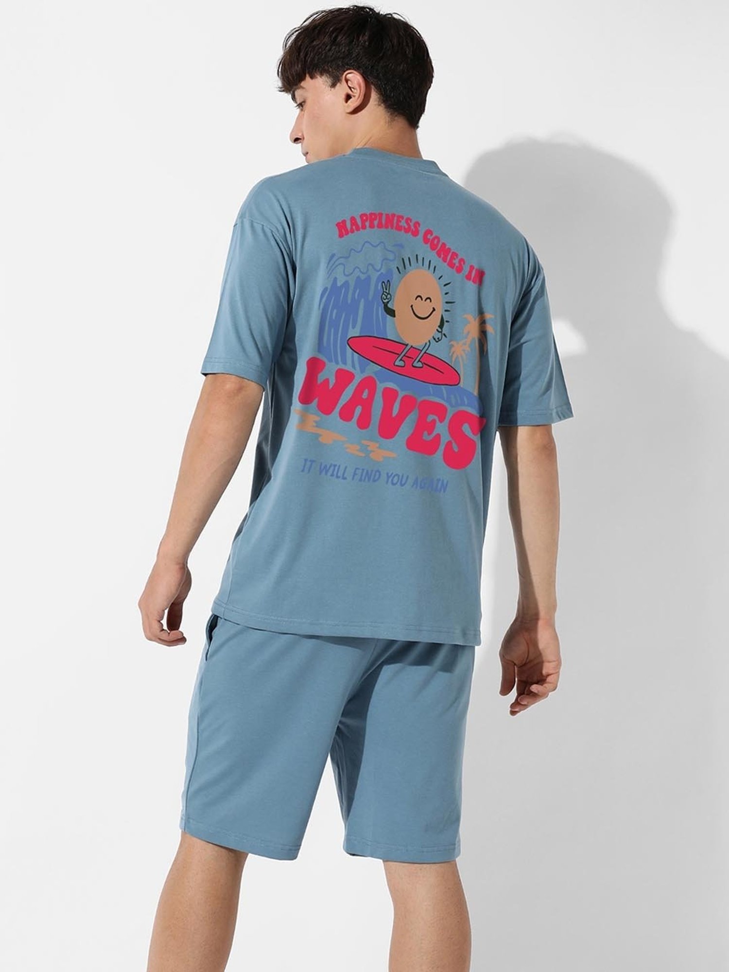 Campus Sutra Blue Regular Fit Oversized Happy Waves Printed Co-Ord Set