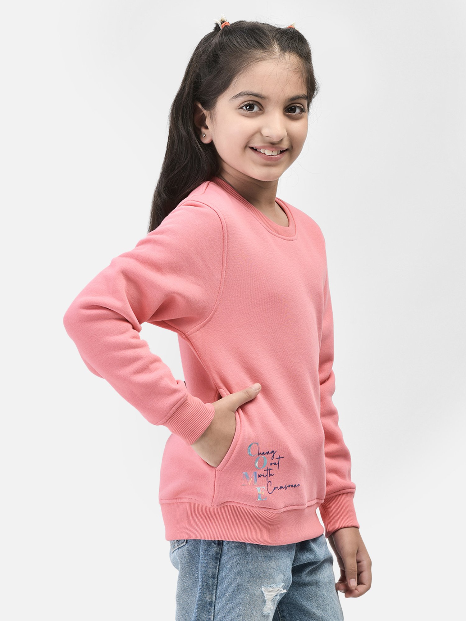 Crimsoune Club Kids Pink Solid Full Sleeves Sweatshirt