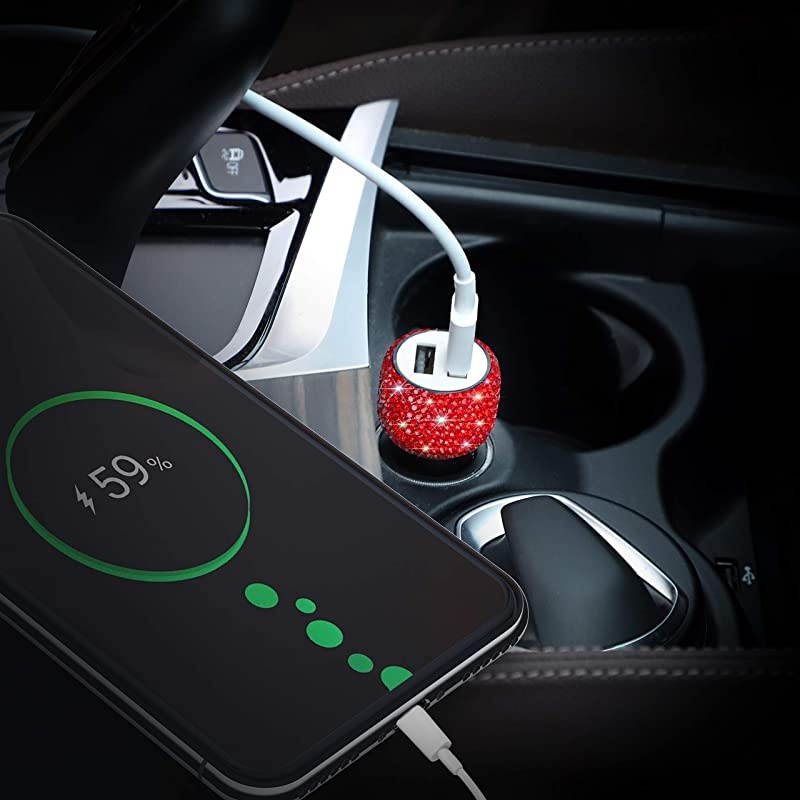 Dual USB Car Charger Car Adapter Bling Bling Rhinestones Crystal Car Decorations for Fast Charging Car Decors for iPhone Xs Max X Plus iPad ProMini Samsung