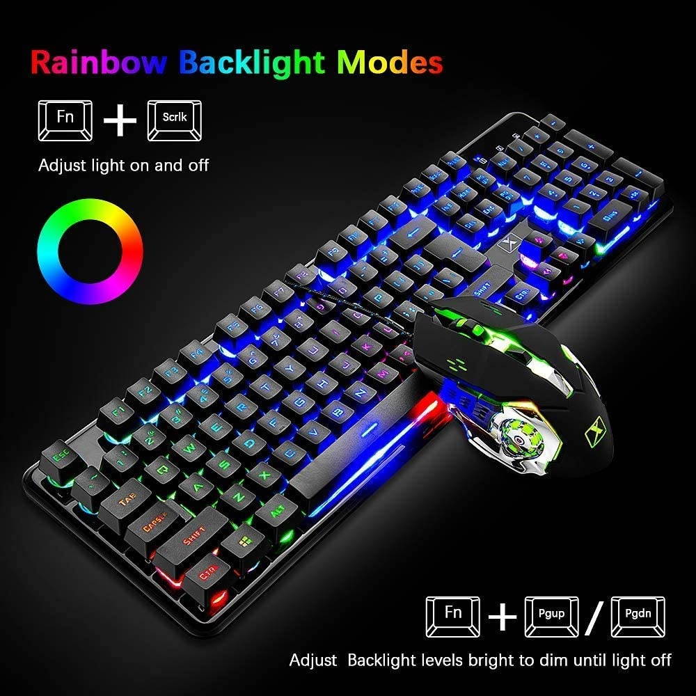 Mechanical Feeling Gaming Keyboard and Mouse Mousepad Combo,104 Keys Rainbow Backlit Gamer Keyboard and Mice Set,10 Color RGB Large Mice pad 2400DPI 7 Button La Souris for PC Laptop Mac (Black)
