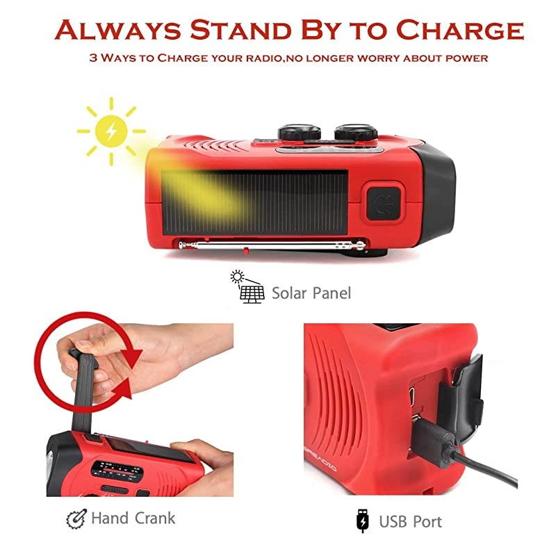 Hand Crank Radio Weather Solar NOAA Radio with AMFM Bright Flashlight SOS Alarm and 2000mAh Power Bank for and Outdoor Activies Red