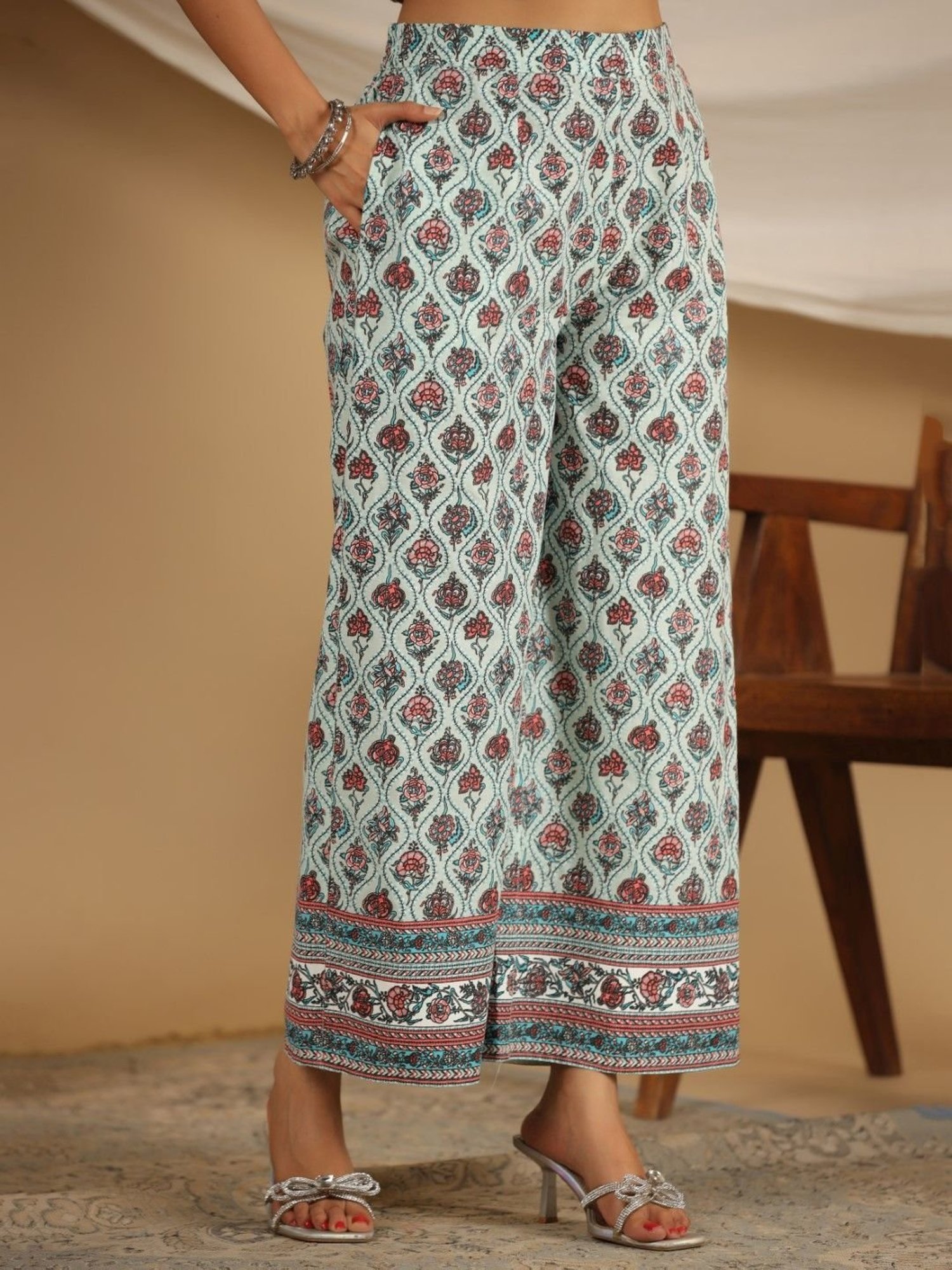Juniper Mint Ethnic Motif Print Cotton Kurta Palazzos & Kota Doria Dupatta With Beads & Sequins