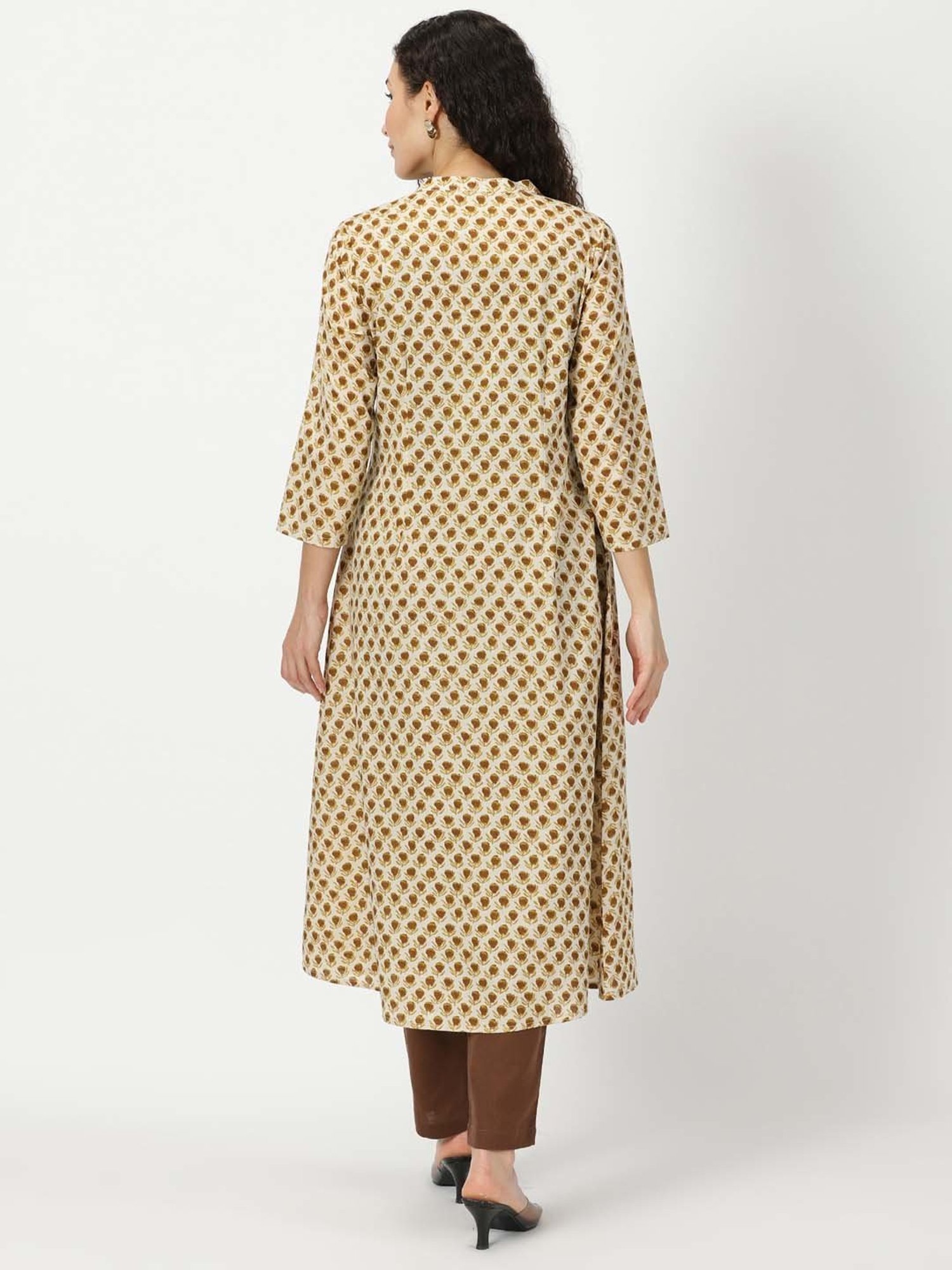 Saffron Threads Beige Floral Print A Line Kurta