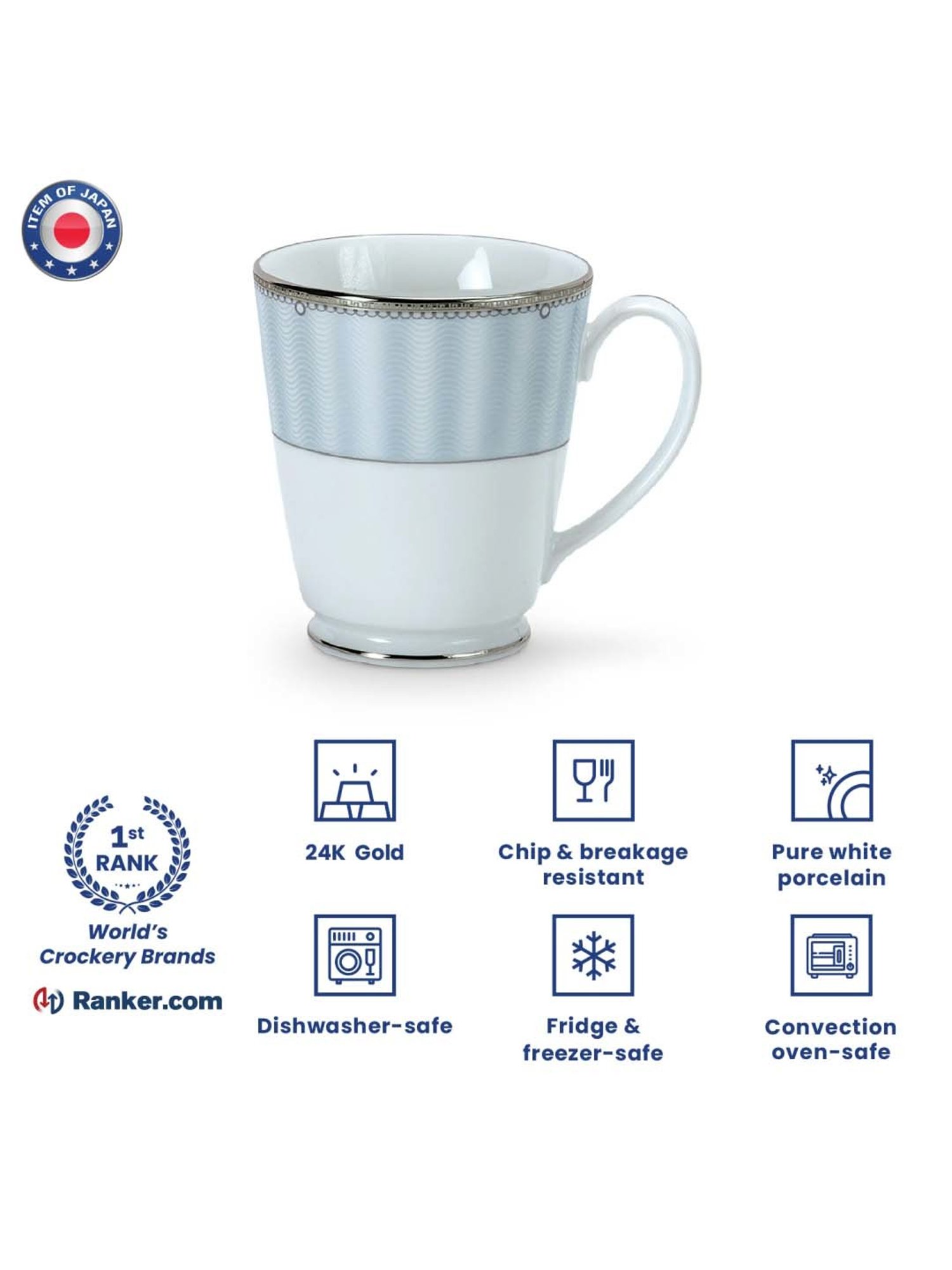 Noritake Monarch Platinum White & Blue Poreclain Milk Mug (0.37 L) - Set of 2