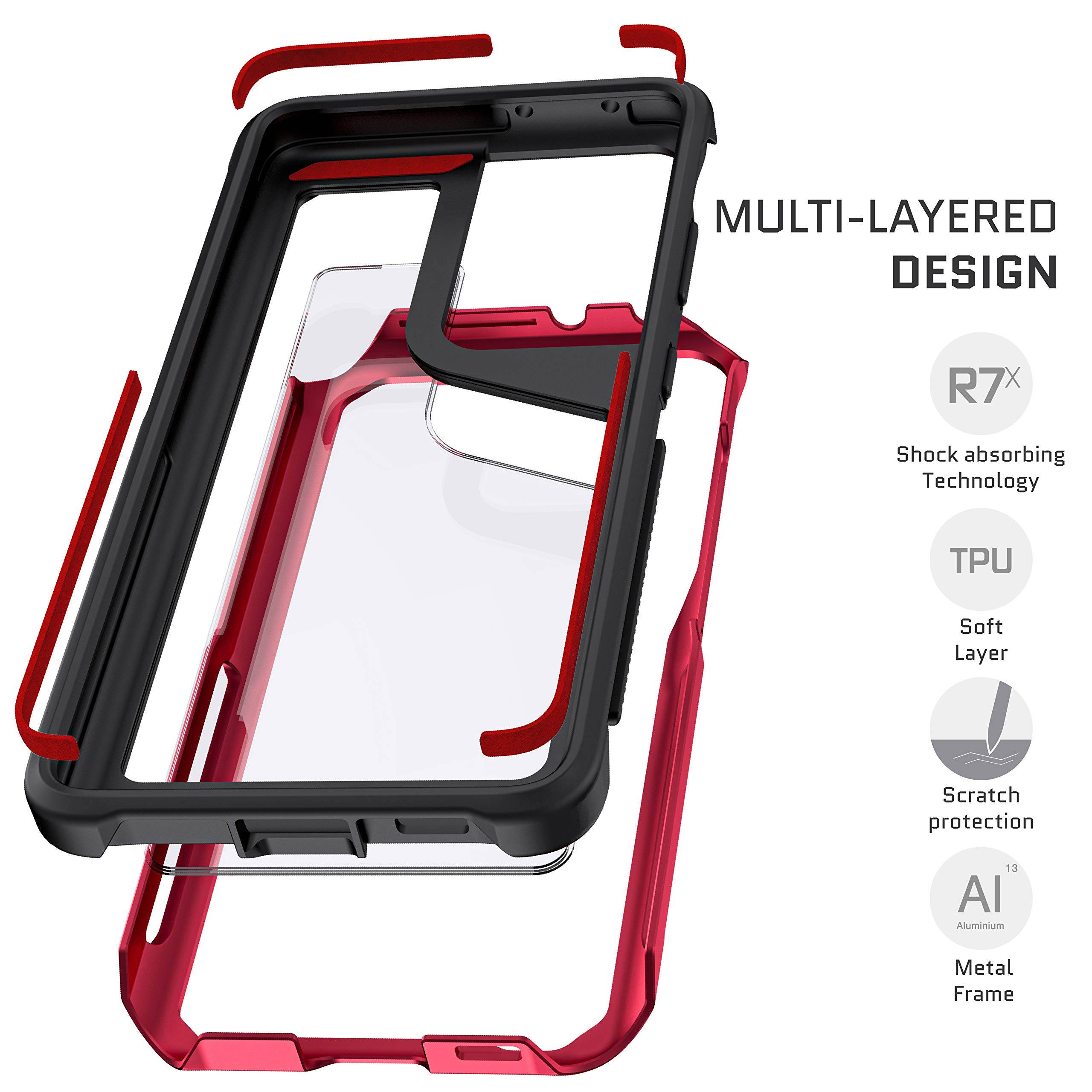 Ghostek Atomic Slim Designed for Galaxy S21 Ultra Case with Protective Metal Bumper Made of Super Tough Lightweight Military Grade Aluminum Alloy for 2021 Galaxy S21 Ultra 5G (6.8 Inch) (Phantom Red)