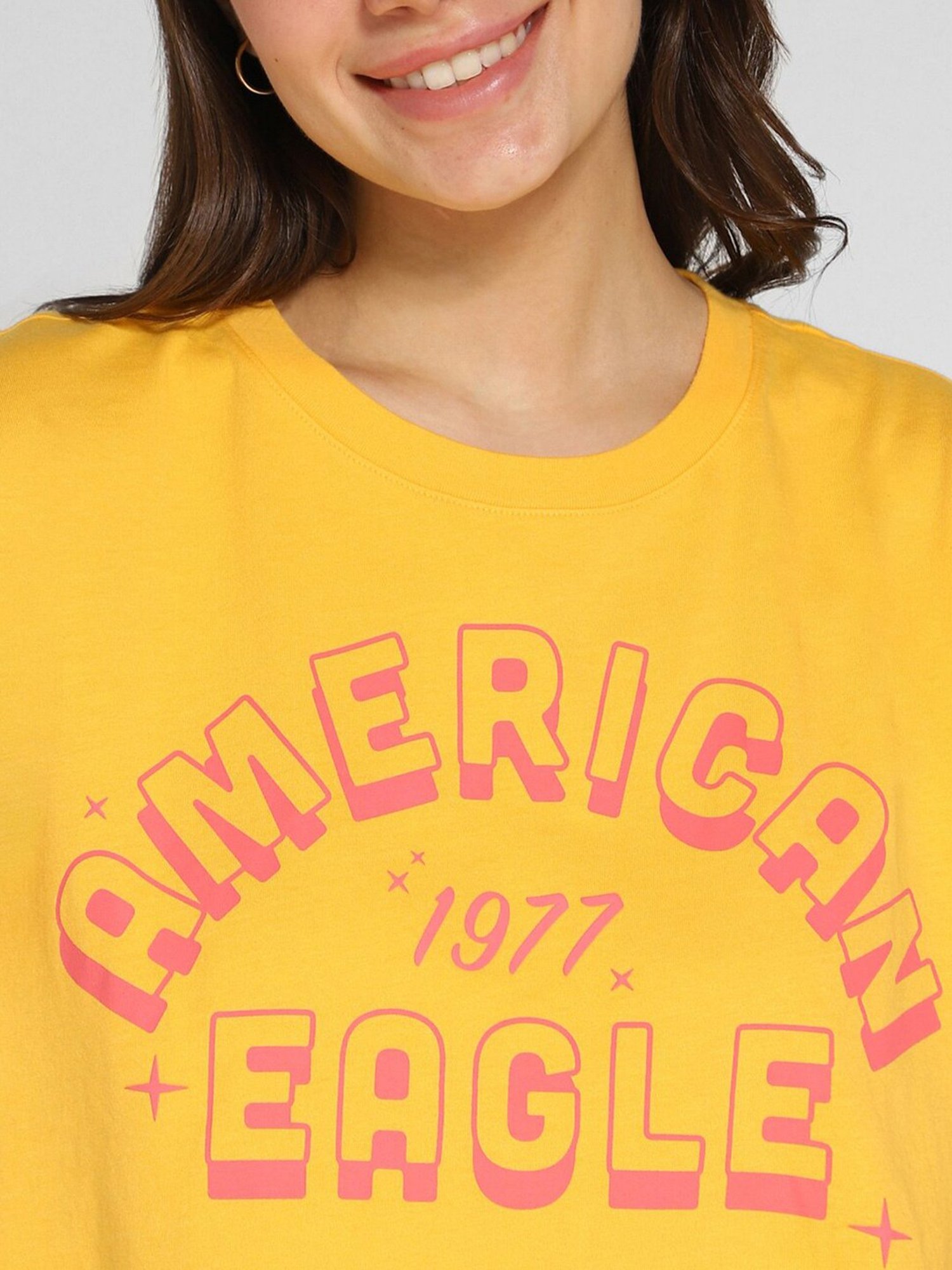 American Eagle Outfitters Yellow Cotton Graphic Print Oversized T-Shirt