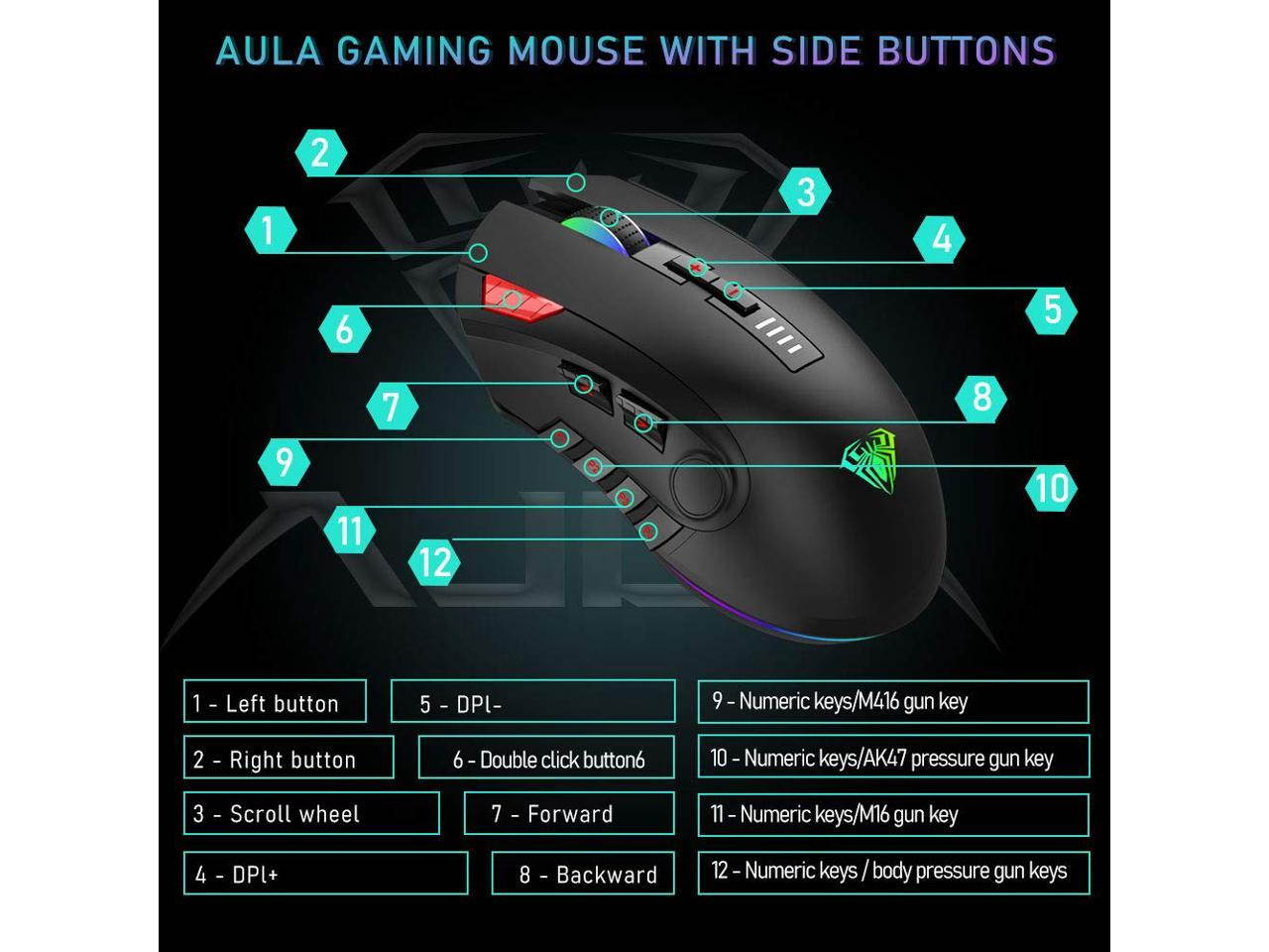 AULA H512 Gaming Mouse, RGB Breathing Backlit, 5000 dpi, 11 Keys Custom Programable, Custom Weight, Ergonomic Gaming USB Optical Mice, Gamer Desktop Laptop PC Wired Mouse, Black
