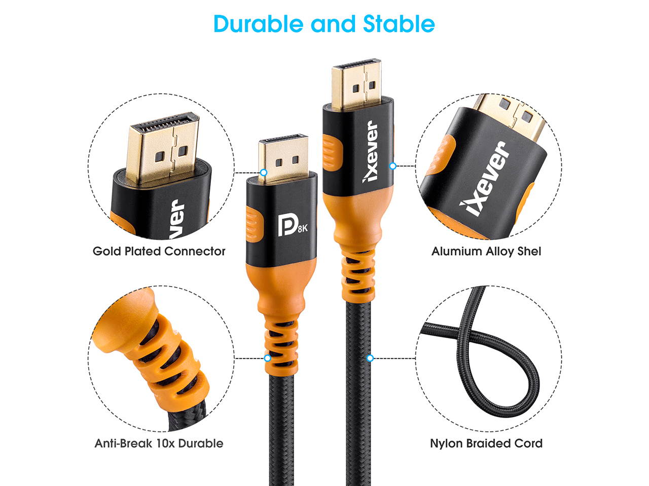 DisplayPort 1.4 Cable 10ft 3m, iXever Nylon Braided 8K DP to DP Cable (8K@60Hz, 4K@144Hz and 1080P@240Hz), HBR3, 32.4Gbps, HDCP 2.2, HDR Support
