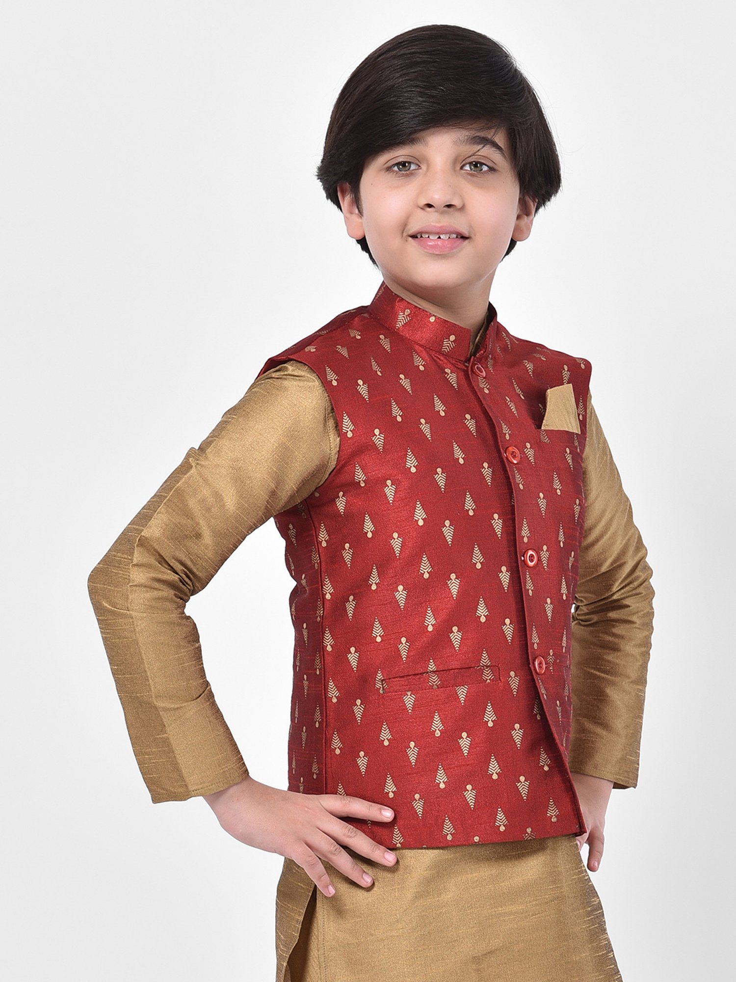 Deyann Kids Red Embroidered Nehru Jacket