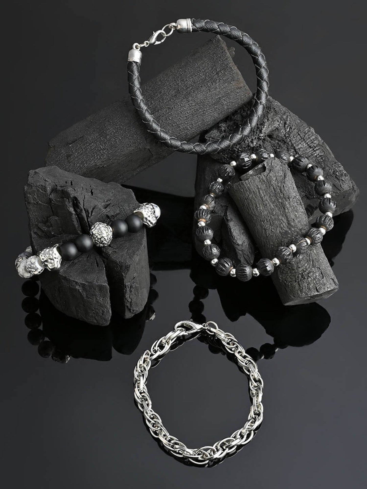 The Bro Code Silver Set of 4 Black Bold Skull Bracelet for Men