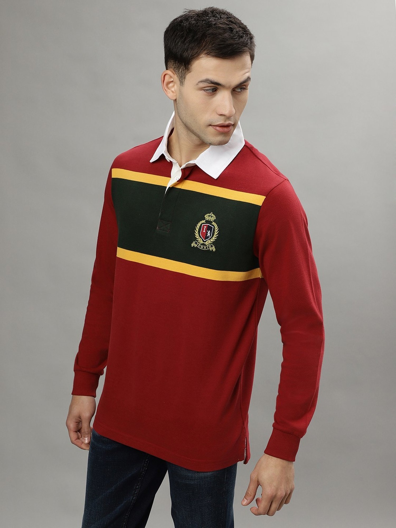 Iconic Red Cotton Regular Fit Colour Block Polo T-Shirt