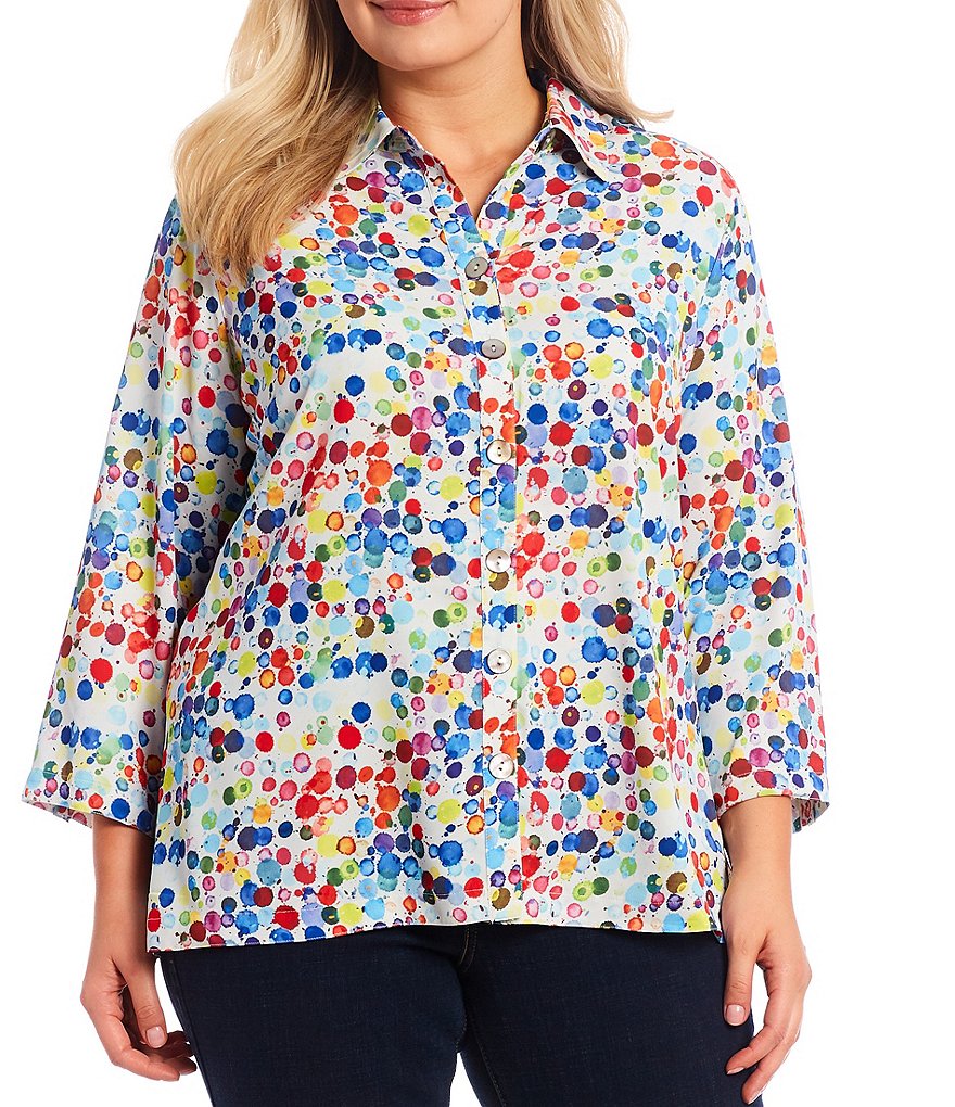 John Mark Plus Size Multicolor Dot Print Point Collar Neck 3/4 Sleeve Hi-Low Button Down Shirt