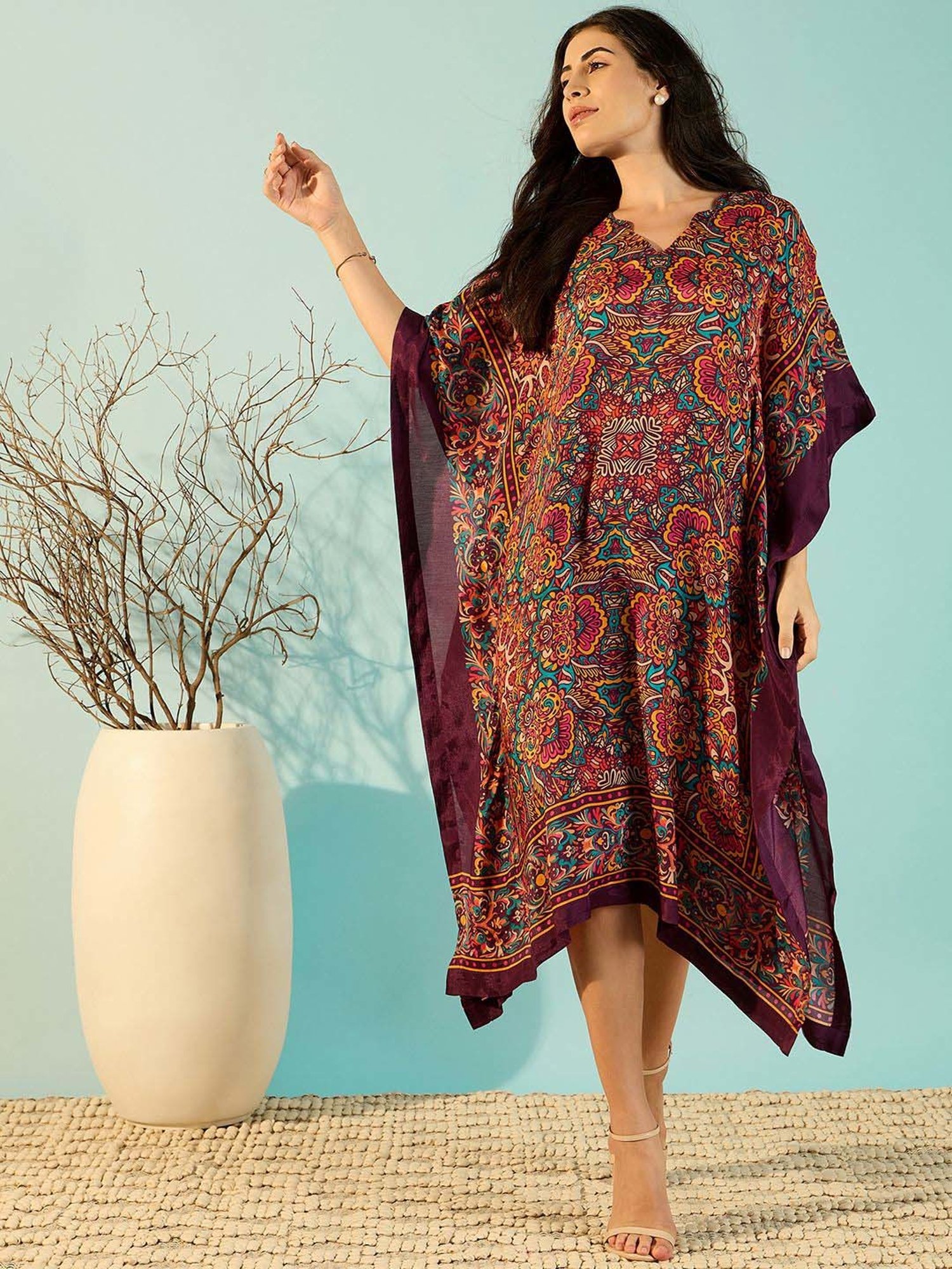 The Kaftan Company Maroon Printed Kaftan