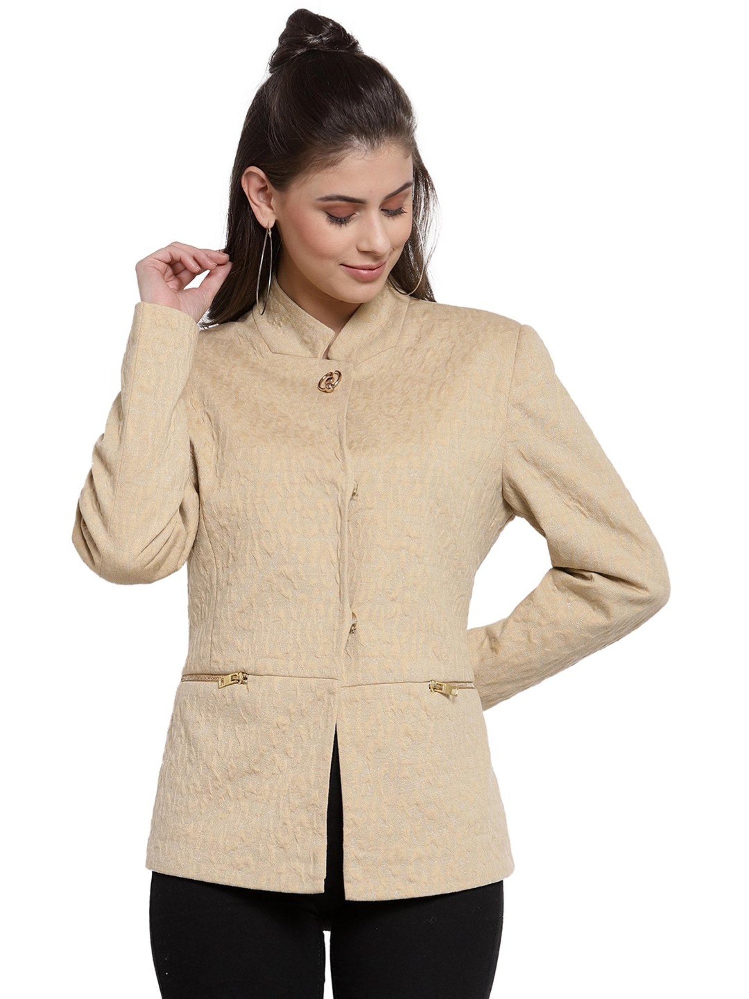 Juelle Beige Jacquard Full Sleeves Coat