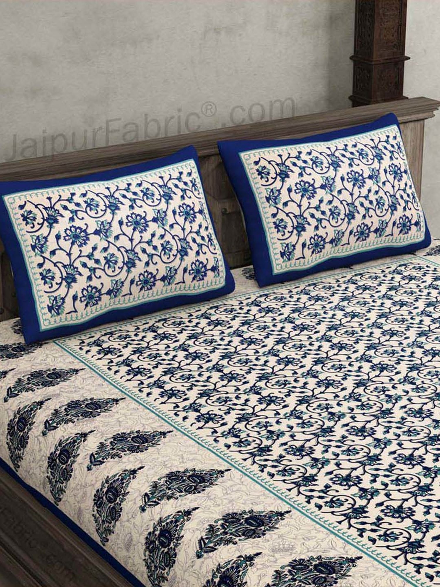 JaipurFabric Blue 100% Pure Cotton 150 TC Double Bedsheet with 2 Pillow Covers