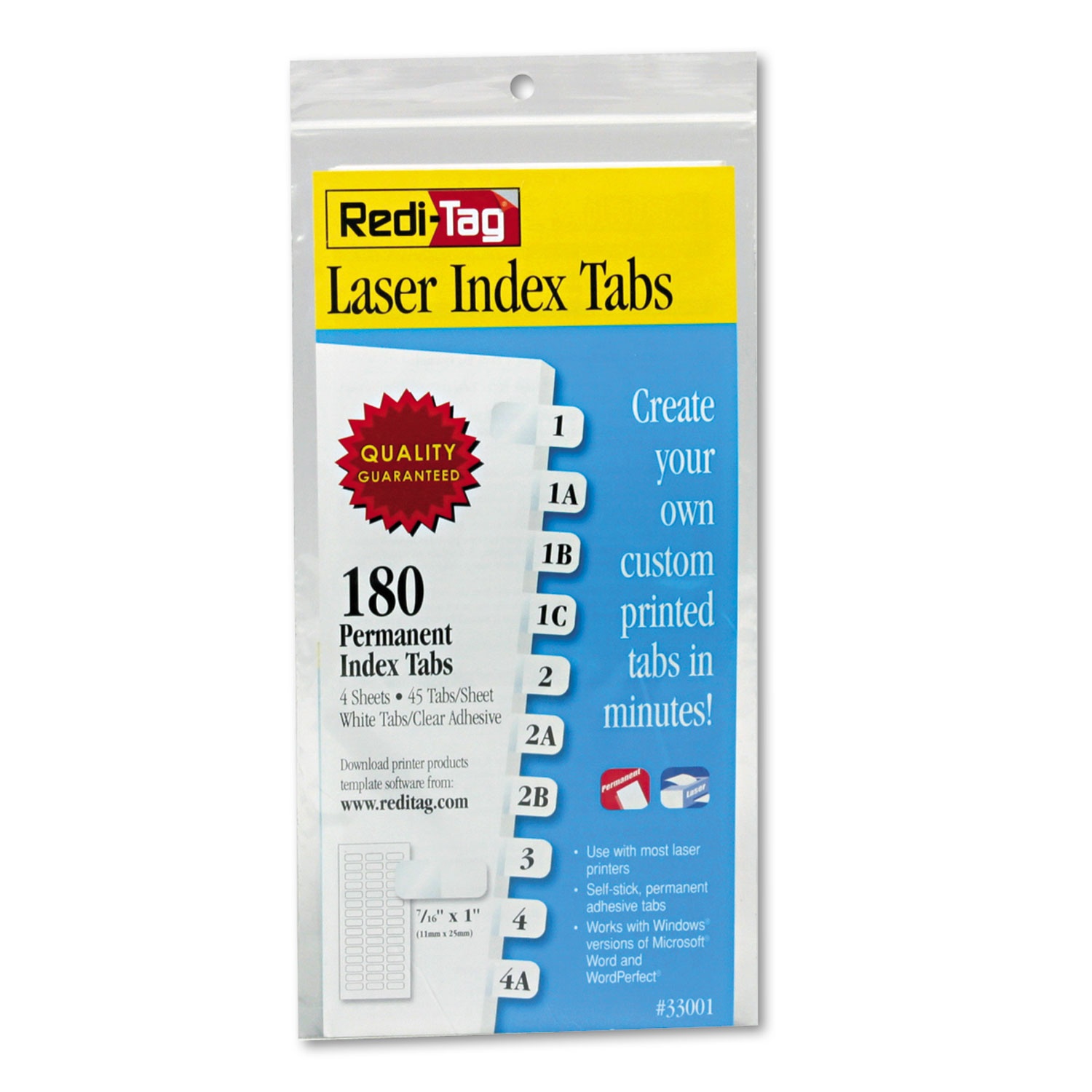 Redi-Tag Laser Printable Index Tabs 7/16 Inch White 180/Pack 33001