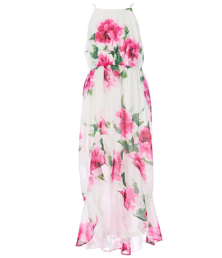 Zunie Big Girls 7-16 Sleeveless Tie-Waist Floral Print Tiered Mesh Skirt Maxi Dress