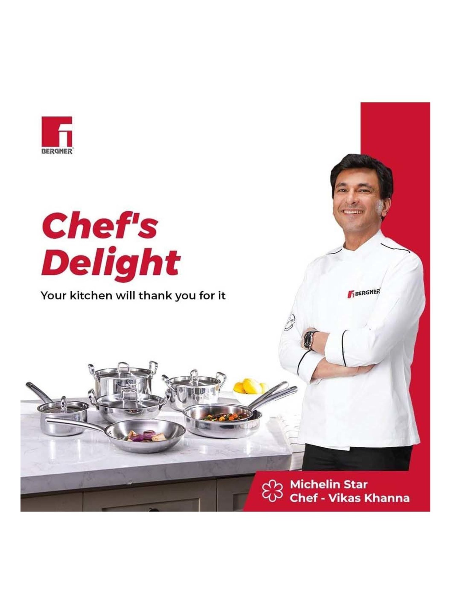 Bergner Tripro Silver Stainless Steel 24 cm Induction Friendly Triply Serve Wok With Lid (3.2 L)