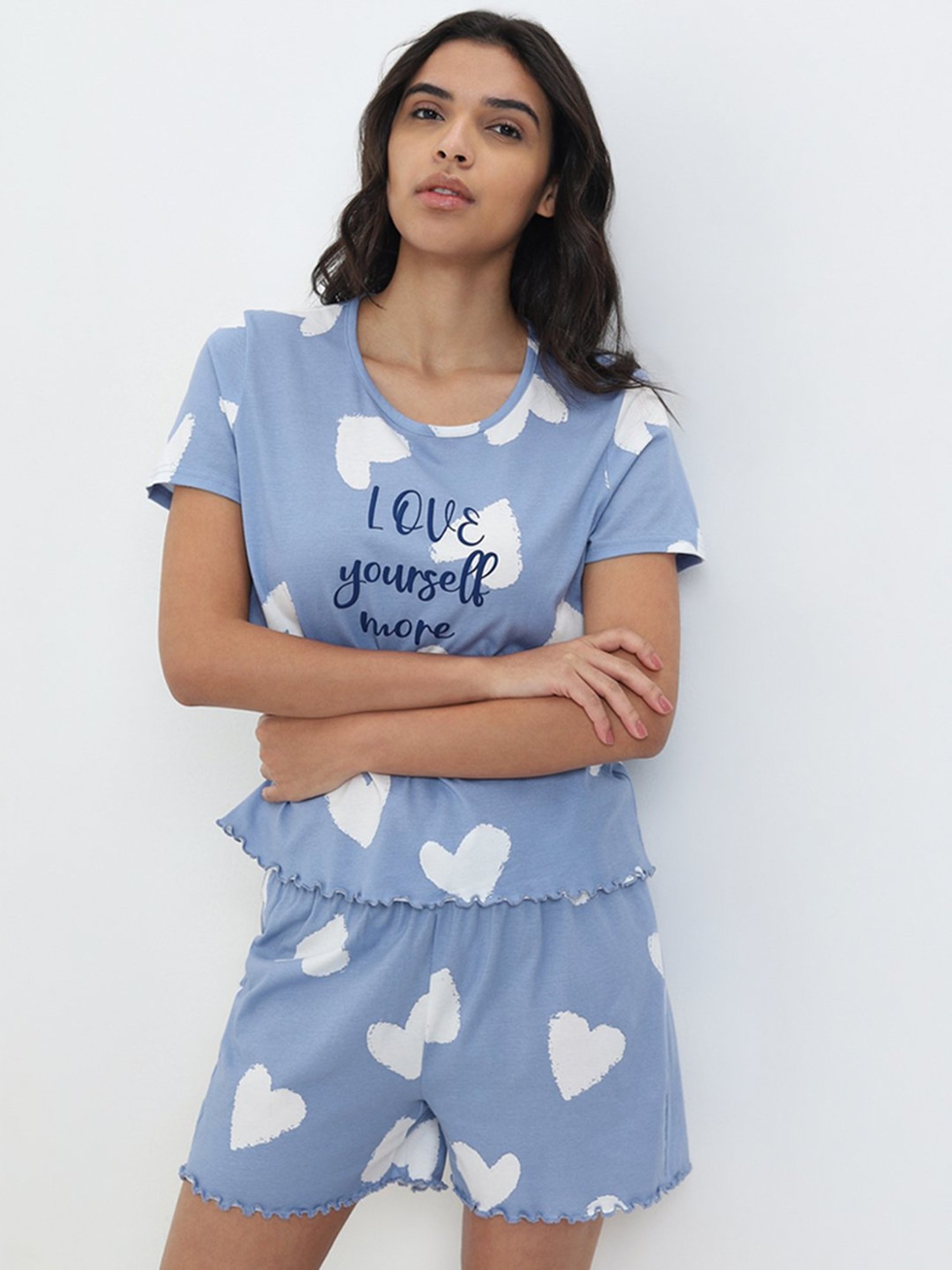 Wunderlove by Westside Blue Heart Printed Cotton Shorts In A Bag