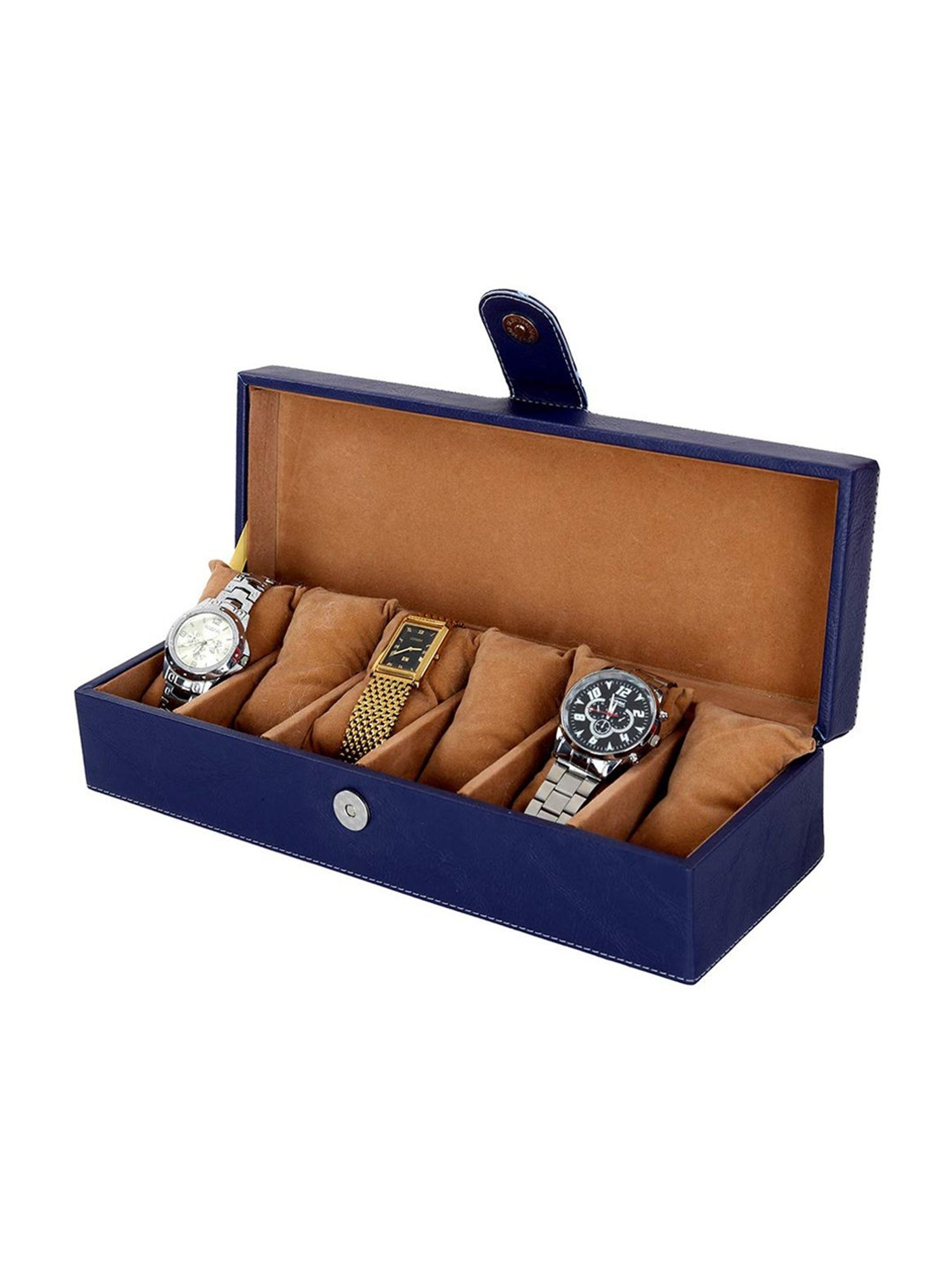 Leather World Blue Watch Box Holder Organizer Case in 6 Slots