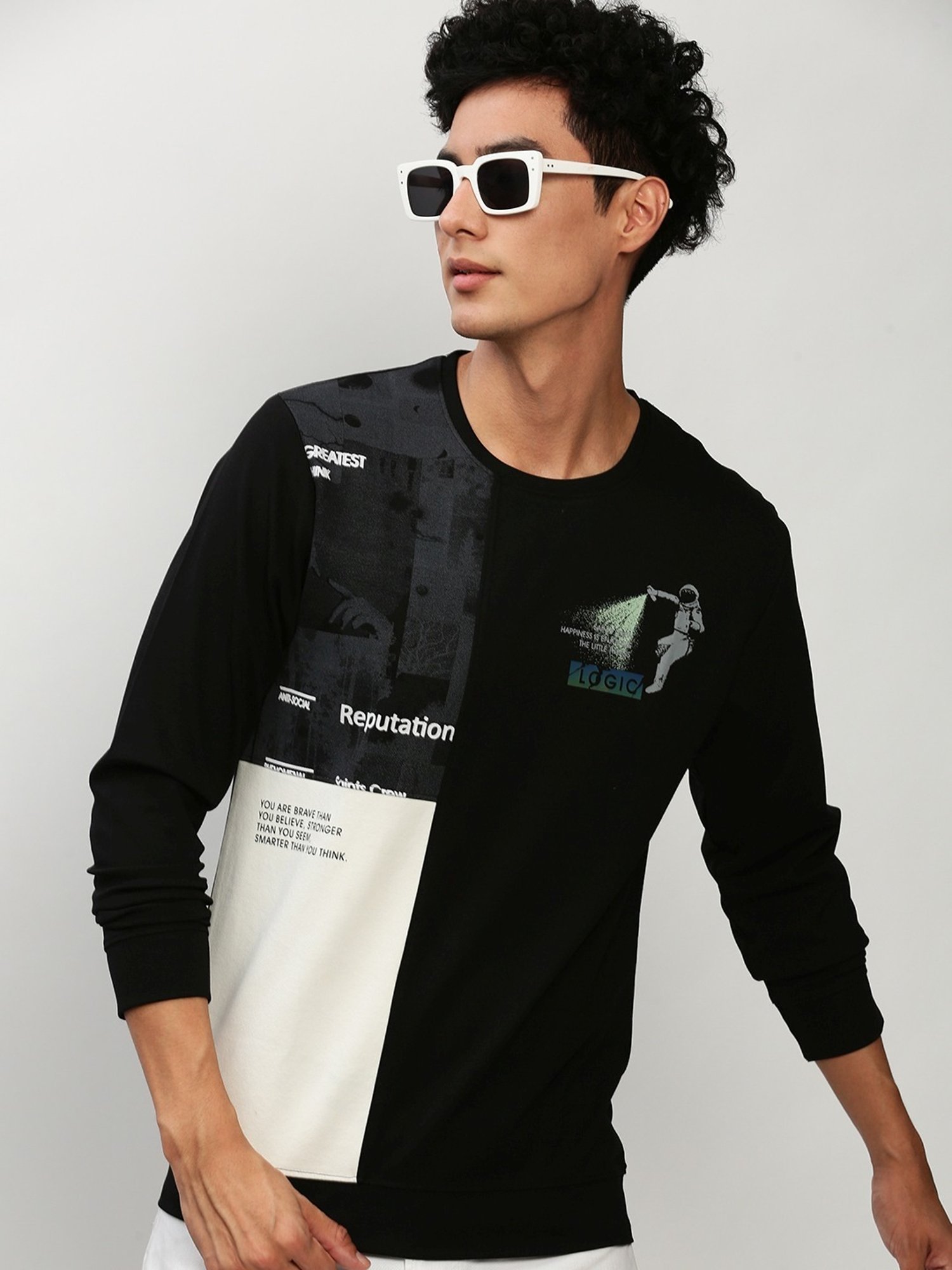 SHOWOFF Black Slim Fit Printed Sweatshirt