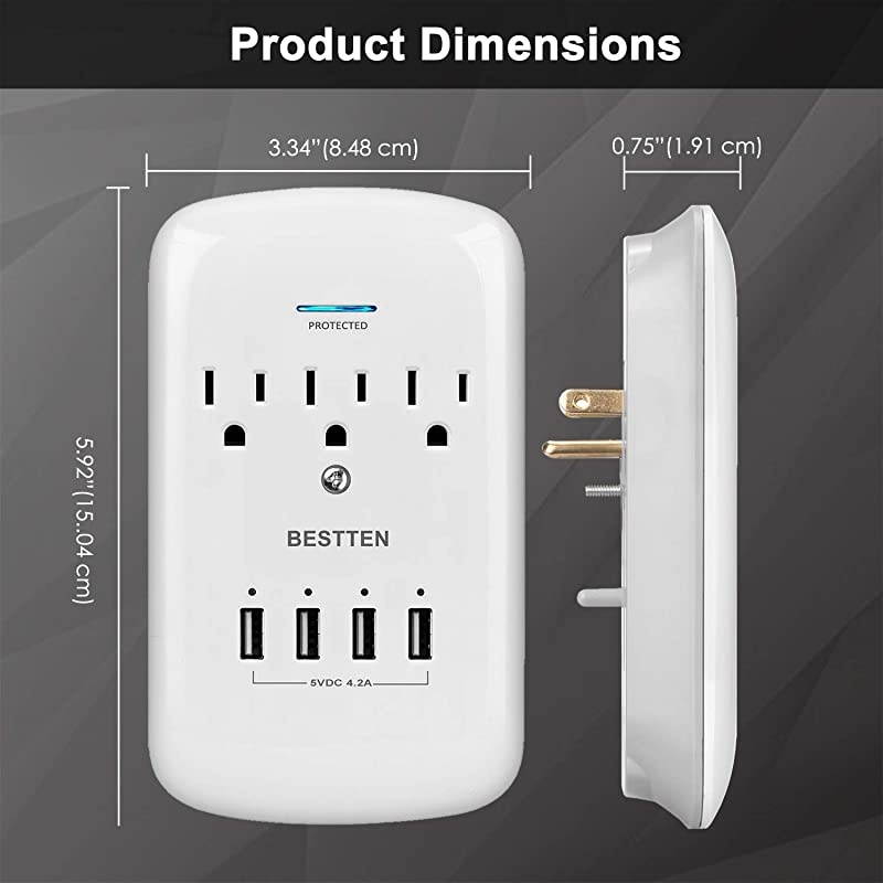 1200Joule Wall Mount Surge Protector 4 USB Charging Ports 5VDC42A and 3 Grounded Outlets 15A125V1875W ETL Listed White