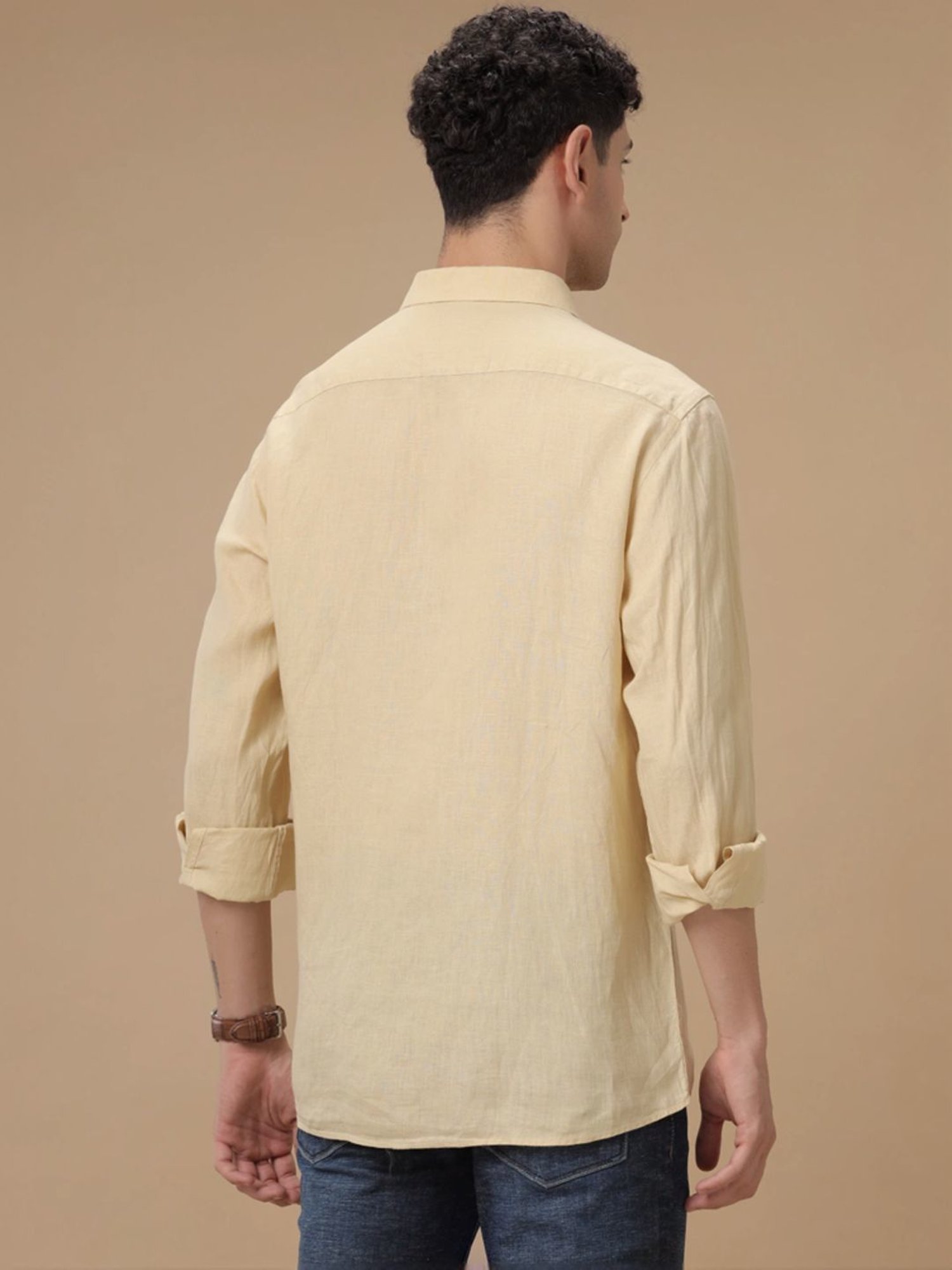 Linen Club Yellow Linen Contemporary Fit Shirt