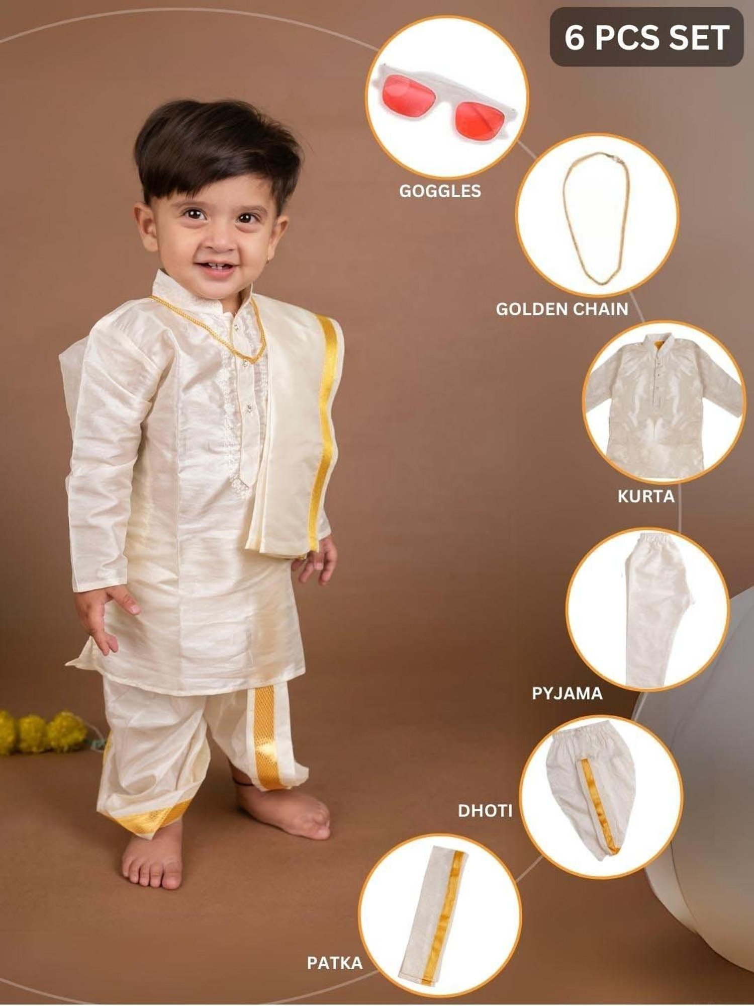 Baby Moo Kids Cream & Yellow Regular Fit Full Sleeves Kurta Set