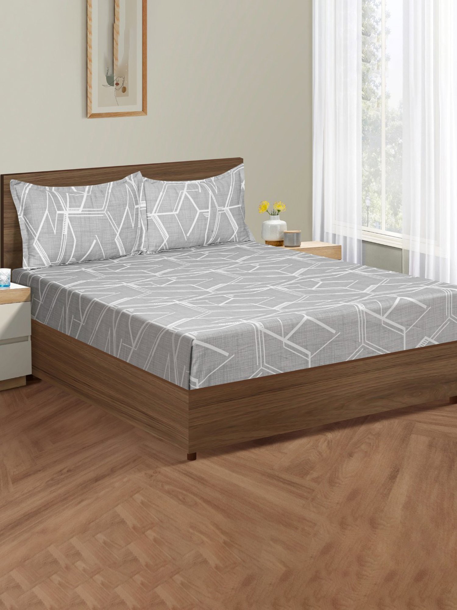 Swayam Dona Abstract Grey 250 TC Cotton King Fitted Fitted Bedsheet with 2 Pillow Covers