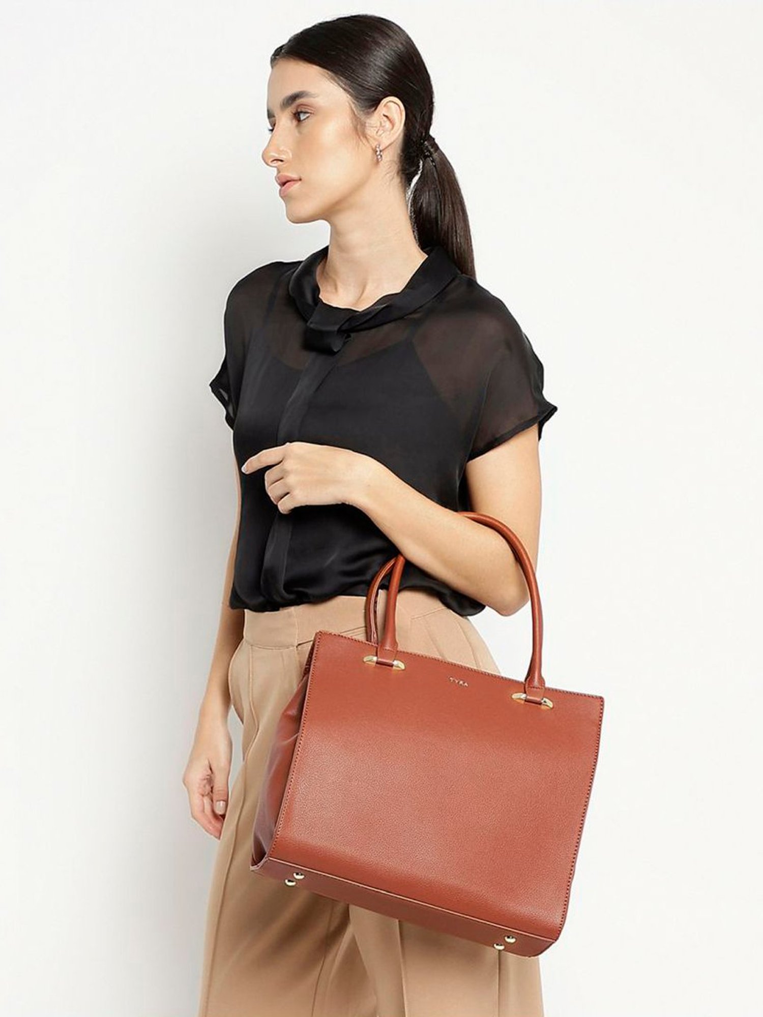 Tyra Eslarie Tan Solid Faux Leather Tote Handbag