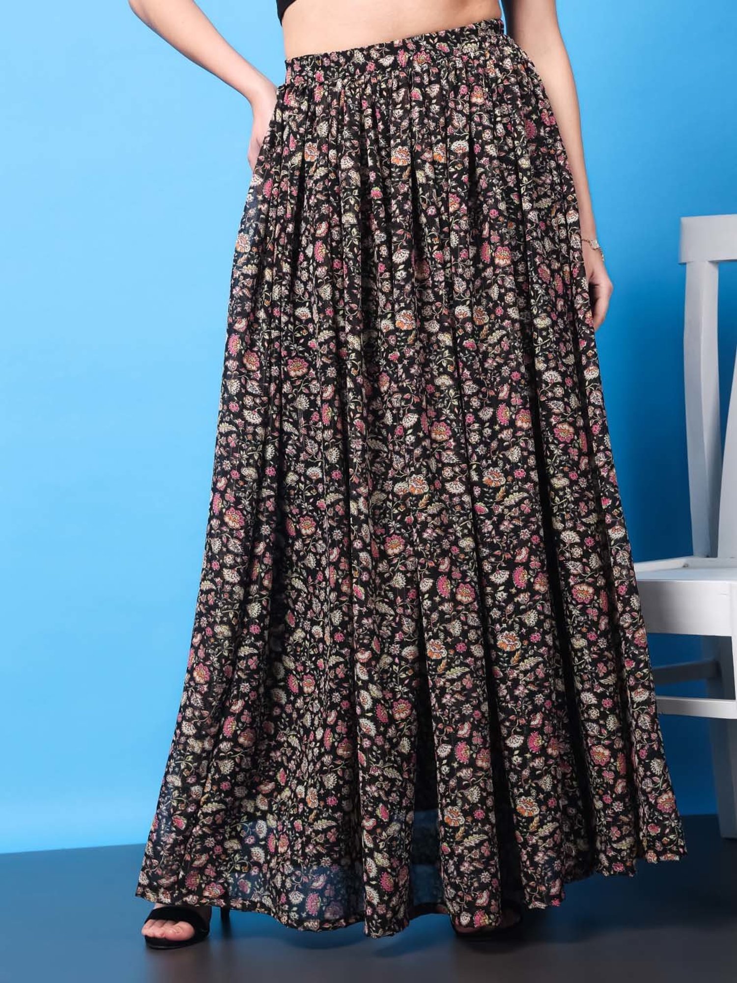 Belle Fille Sky Blue & Beige Printed Skirt