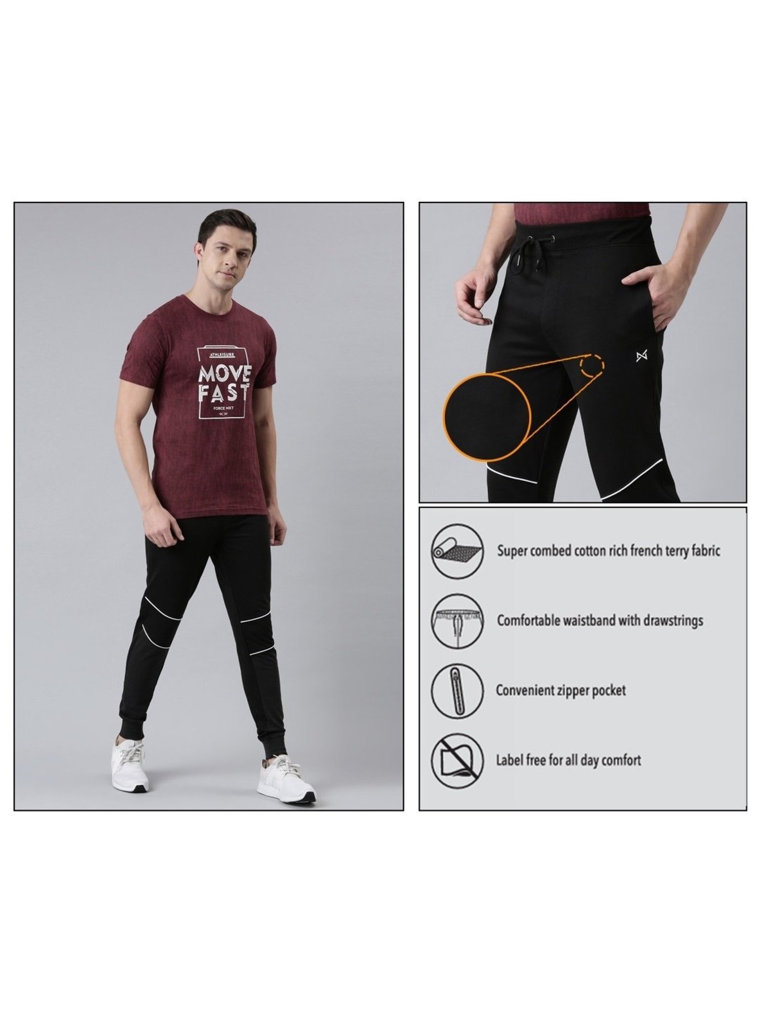 Force NXT Navy & Black Cotton Regular Fit Colour Block Joggers - Pack Of 2