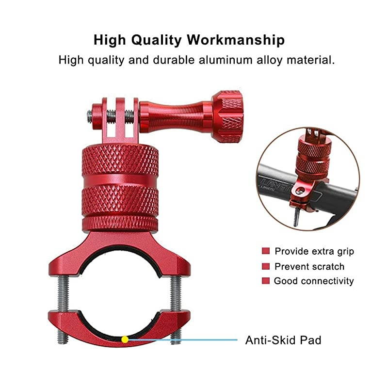 Aluminium 360 Rotation Mountain Bike Handlebar Mount Holder,Camera Motocross Grip Bar Stand Tube Clip for GoPro Hero 9 8 7 6 5 4 3+, Campark, AKASO, DJI OSMO XiaoYi and Most Action Cameras,Red