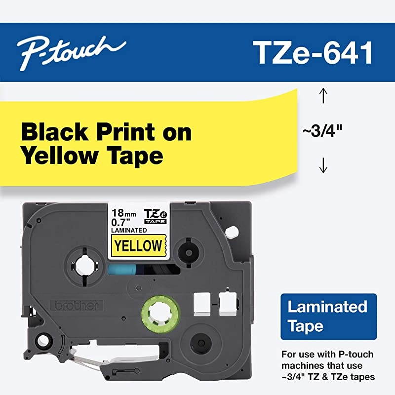 Genuine P-Touch TZE-641 Tape, 3/4" (0.7") Standard Laminated P-Touch Tape, Black on Yellow, For Indoor or Outdoor Use, Water-Resistant, 26.2 ft (8 m), Single-Pack
