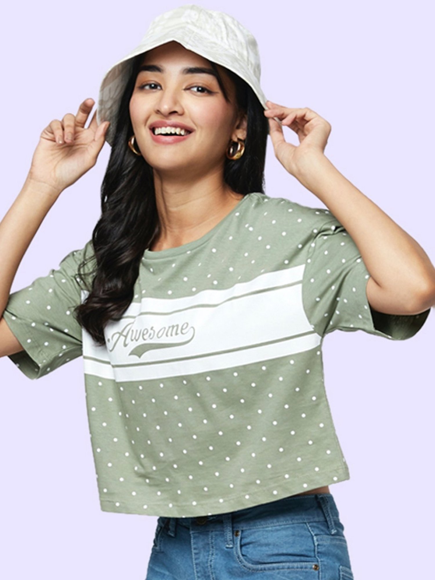 YU by Pantaloons Olive Green Cotton Graphic Print Top