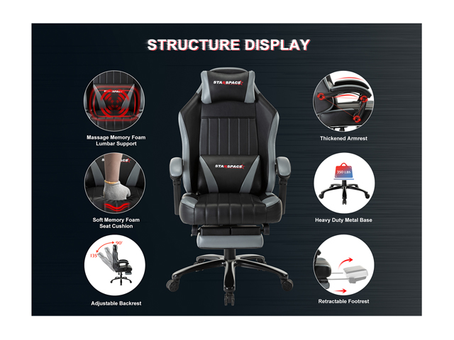 STRASPACE Big & Tall 400lb Memory Foam Reclining Gaming Chair Metal Base - Adjustable Back Angle and Retractable Footrest Ergonomic High-Back Leather Racing Executive Computer Desk Office Chair, Blue