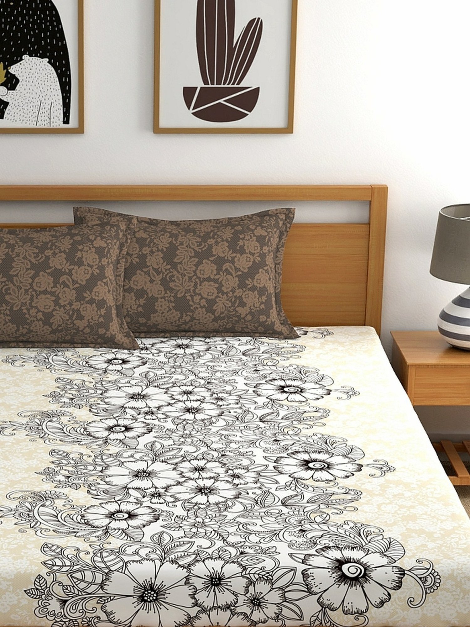 My Room Floral Brown & Beige 140 TC Cotton King Bed Sheet with 2 Pillow Covers