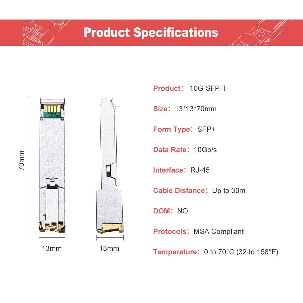 10GBase-T SFP+ Transceiver, 10G T, 10G Copper, RJ-45 SFP+ CAT.6a, up to 30 Meters, Compatible with Ubiquiti UF-RJ45-10G