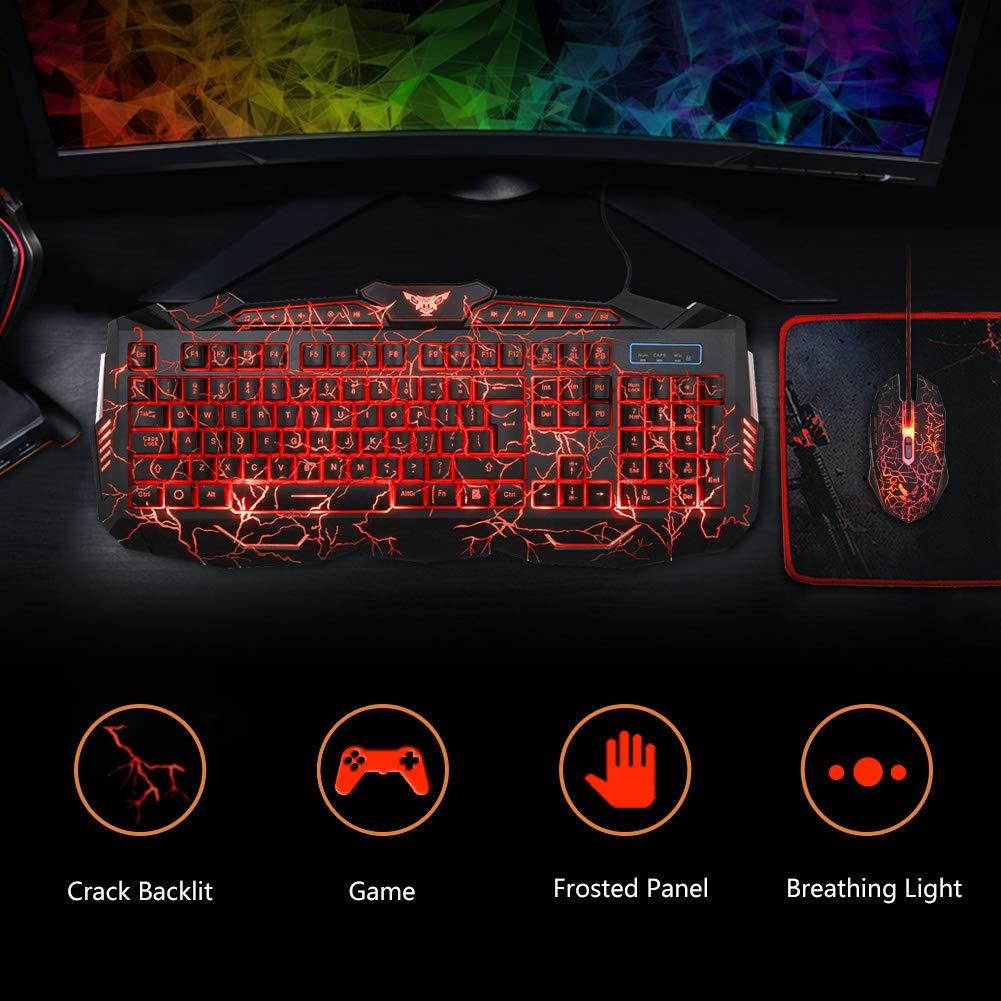 BlueFinger Mechanical Feeling Gaming Keyboard,Gaming Mouse and Mouse Pad Combo,USB Wired Keyboard,114 Keys Letters Glow,3 Color Blue/Red/Purple Backlit Crack Pattern,Keyboard Bundle for Computer Gamer