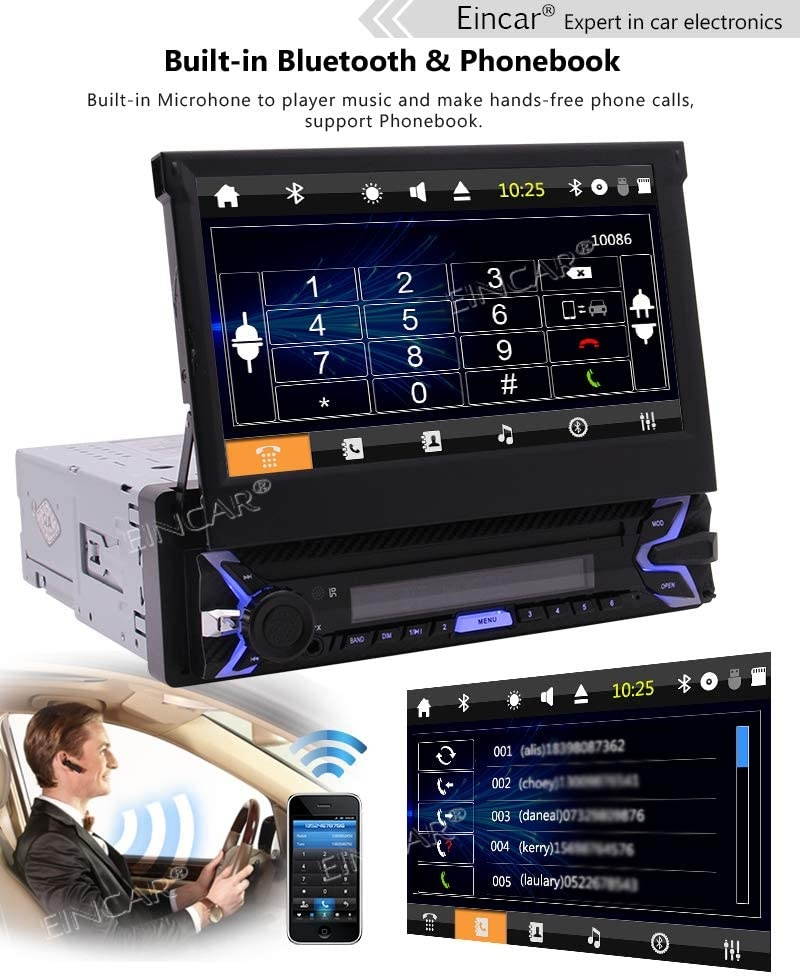 EinCar 7" Anti-Theft Detachable Front Panel Single Din Car Stereo in-Dash with HD 800480 Capacitive Touch Screen GPS Navigation NO-CD/DVD AM FM Radio Bluetooth USB/TF/AUX Built-in Bluetooth + Wire