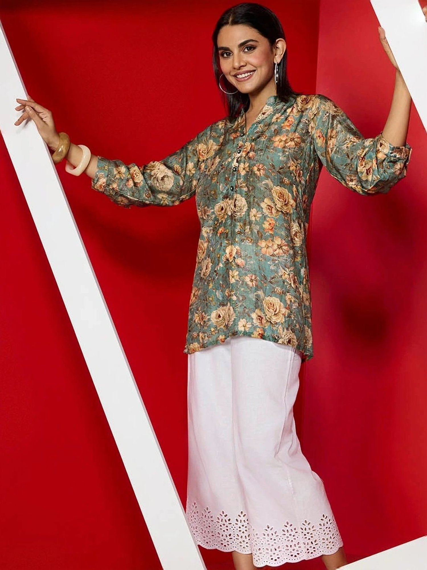 Soch Womens Turquoise Blue Floral Print Mandarin Collar Vicose Muslin Tunic