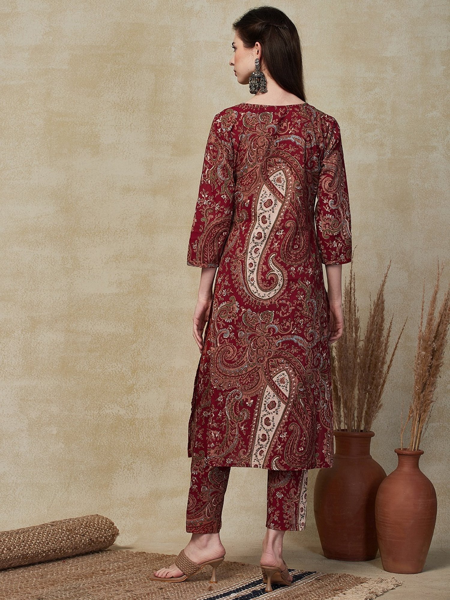 Fashor Maroon Cotton Printed Kurta Pant Set