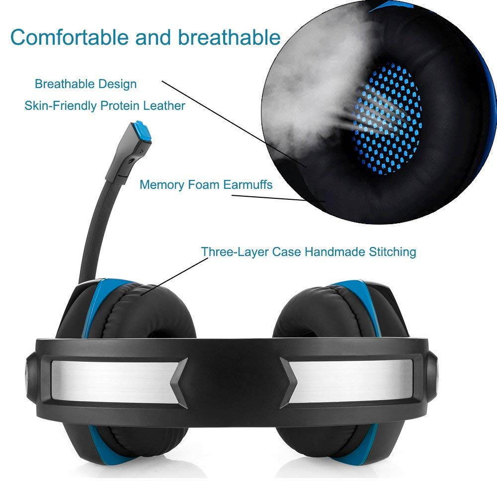 Beexcellent GM-2 Pro Gaming Over-Ear Headset with Mic, LED Lights and Volume Control Stereo Bass, Noise Cancelling, 3.5mm, for PS4 Xbox One, Laptop, PC, Tablet, Most Smartphones (Blue)